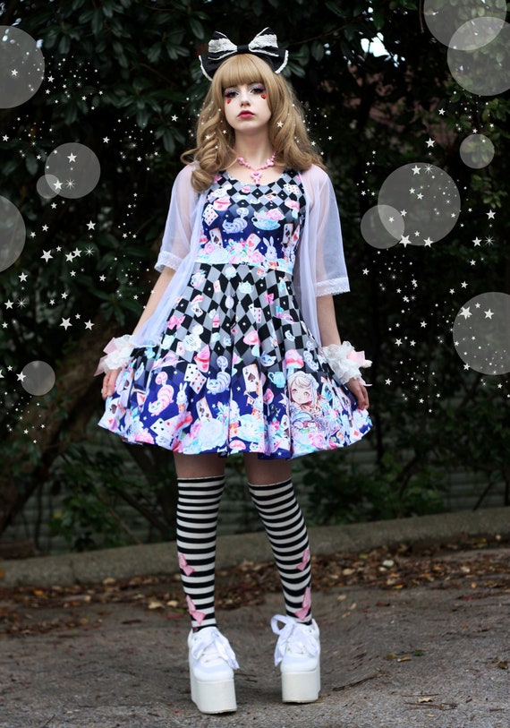 Alice in Wonderland black Cute Kawaii Skater Dress, Fairy Kei