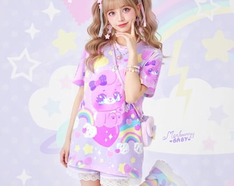 Camiseta unisex con conejito de azúcar (tejido ecológico): adorable conejito, estilo Yume Kawaii, hada kei, arcoíris de nubes y estrellas pastel, rosa - ET15