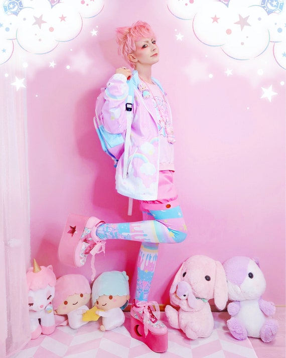 Milky Rainbow Tights Kawaii Sweet , Fairy Kei , Cute Lolita , Pastel, Pink  and Blue Striped, Melty, Stars, Yume Kawaii Tights Tg4 -  UK