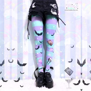 Skulltini - Casual leggings - pastel goth, creepy cute, kawaii goth, skull candy, bats, book of spells, spooky stripped harajuku- CL7