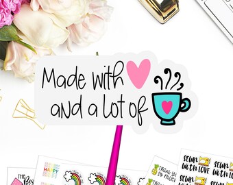 Made with Love and Coffee Sticker,  WATERPROOF, 1.75 inches, 44 per sheet, Small Business Label, Packaging Label, Coffee Sticker, Happy Mail