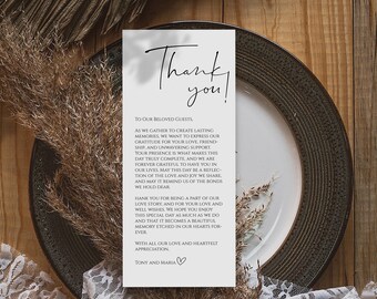 Set of 25 PRINTED | Minimalist Thank You Napkin Note | Table Thank You | Wedding Napkin Note | Wedding Menu Thank You