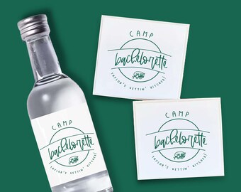 Set mit 12 Flaschenetiketten | Junggesellinnenabschied | Mini Shot Etiketten | Etiketten für Spirituosen | Camping Bachelorette Bevorzugungen | Lager Bachelorette