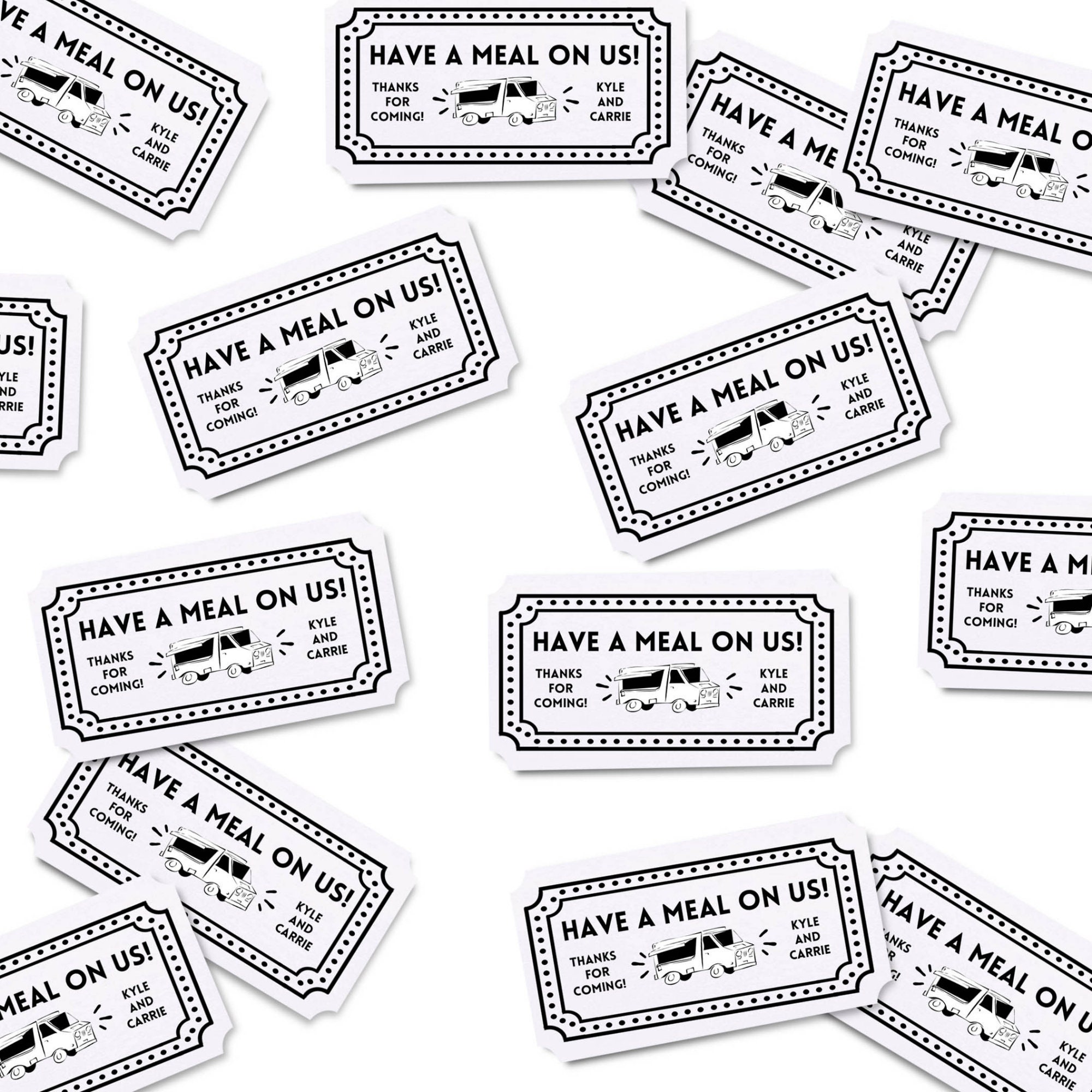 Set of 21 Food Truck Tickets | Have a Meal on Us | Wedding Meal | Party Tokens | Food Voucher |  Custom Event Tickets  | Admit One