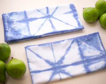 Pair of Periwinkle Tie Dyed Towels; Tie-dyed Tea Towel Set; Shibori Tie Dye Triangle pattern, Two Large Cotton Kitchen Towels, set of 2