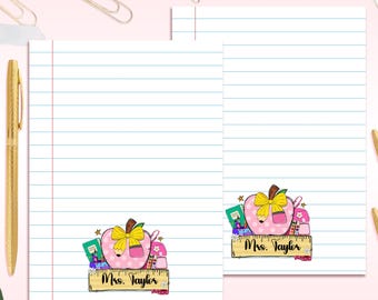 Pink Apple Teacher Notepad, Personalized Custom Name Classroom Stationery, Back to School Teacher Gift Desk Writing Pad