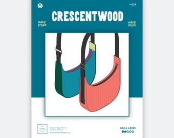 May include: A sewing pattern cover titled CRESCENTWOOD featuring an illustration of two crescent-shaped shoulder bags. One bag is teal with a green grid side, the other is coral. Both have black straps, zippers, and purple accents.
