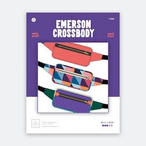 May include: A sewing pattern cover titled Emerson Crossbody featuring three illustrations of crossbody bags. The top bag is coral, the middle bag has a geometric multicolored pattern, and the bottom bag is purple with a quilted texture and green straps.