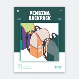 May include: A digital pattern cover titled Pembina Backpack featuring illustrations of three quilted backpacks in purple, orange, and dark green. The design includes black straps, a flap closure, and a grid-like quilted texture on each bag.