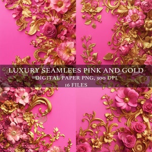 May include: A digital paper pack with 16 seamless patterns featuring pink and gold flowers and ornate scrollwork.  The patterns are perfect for creating invitations, cards, scrapbook pages, and other craft projects.