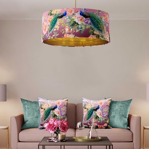 Peacock Paradise Extra Large Velvet Lampshade in Pink with Mirror Gold Lining, Peacock Lampshade