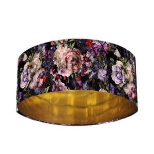 Extra Large Velvet Lampshade with Vintage Dark Flowers & Mirror Gold Lining, Floral Lampshade, Lampshade Ceiling, Floor Lampshade