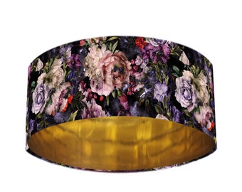 Extra Large Floral Velvet Lampshade, Gold Lining, Vintage Dark Flowers