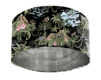 Tropical Lemur Island Lampshade – Black Jungle Shade with Silver Lining