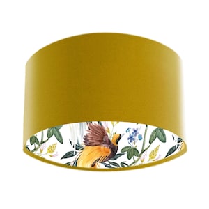 Bird Light Shade, Mustard Yellow Velvet Lampshade with Yellow Tropical Bird Lining