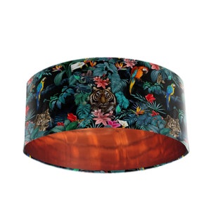 Teal Blue Jungle Velvet Lampshade with Tiger, Parrots and Mirror Copper Lining