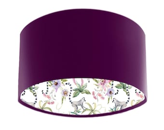Mulberry Velvet Lampshade with Lemur Print Lining, Tropical Style