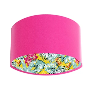 Hot Pink Velvet Lampshade with Tropical Floral Yellow Lining, Lampshades for Table Lamp, Large Lampshade Ceiling, Bright Lampshade