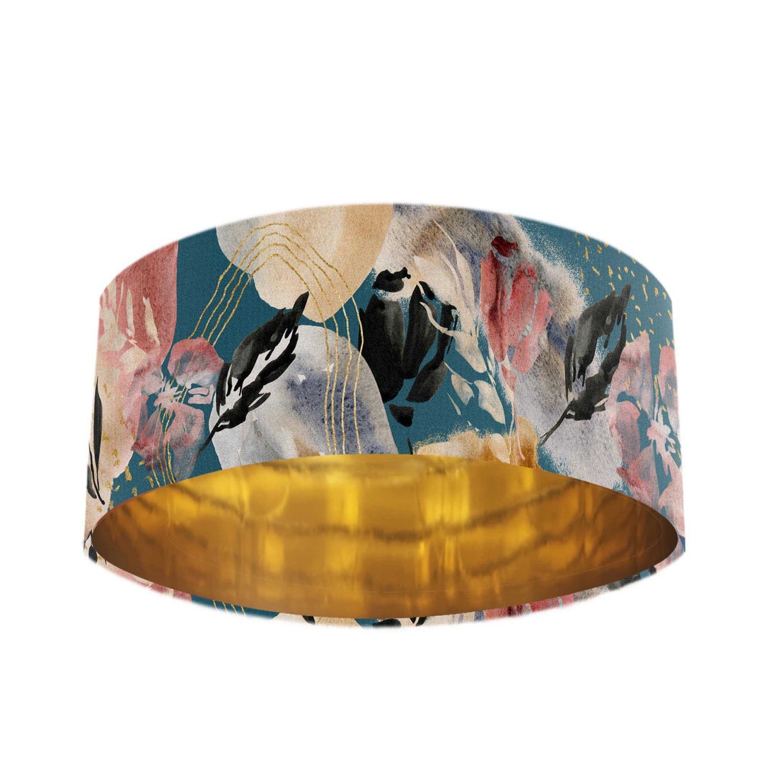 Teal Blue Velvet Lamp Shade With Abstract Design & Mirror Gold Lining ...