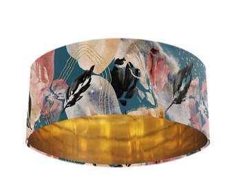 Extra Large Velvet Lampshade in Teal Blue Abstract Watercolour & Mirror Gold Lining, Large Lamp Shade Ceiling, Light Shades Ceiling UK