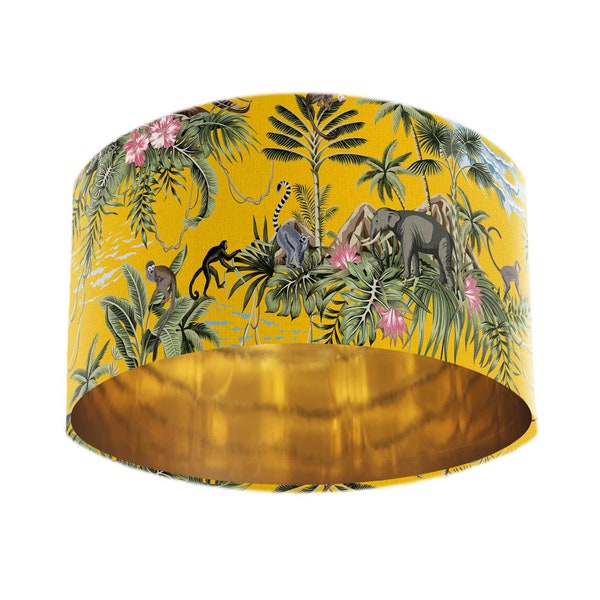 Mustard Yellow Lemur Island Lampshade & Gold Lining, Tropical Jungle, Lemur, Elephants, Leopards, Monkeys, Animal Lampshades