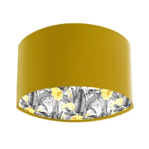 Mustard Yellow Velvet Lampshade with Grey & Yellow Flowers