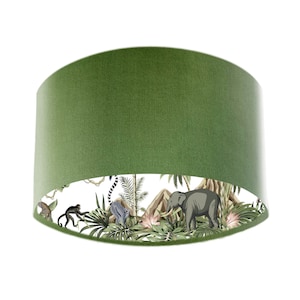 Olive Green Velvet Lampshade with White Lemur Island Lining, Tropical Funky Lampshade