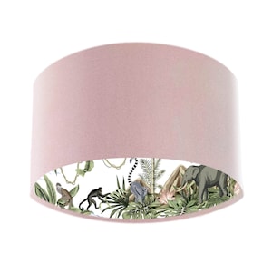 Baby Pink Velvet Lampshade Lined with Lemur Tropical Island Fabric