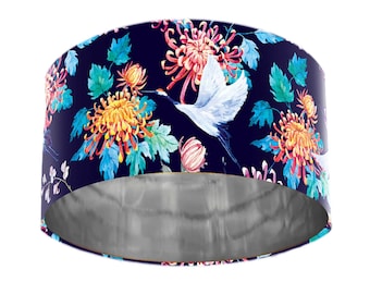 Japanese Crane Birds & Chrysanthemum Lampshade in Navy Blue with Mirror Silver Lining