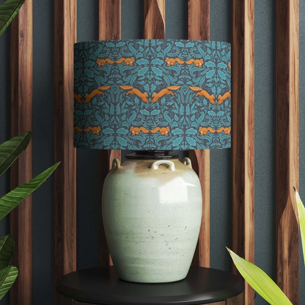 Squirrel woodland Lampshade in teal blue with white or metallic lining