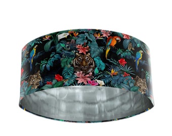 Teal Blue Tropical Velvet Light Shade with Tigers, Parrots and Mirror Silver Lining
