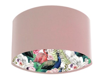 Peacock and Flamingo Feathers Lampshade in Baby Pink Velvet, Pink Lampshade