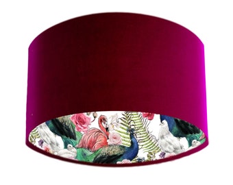 Red Claret Velvet Lampshade with Birds Peacock Feathers  and Flamingo Lining