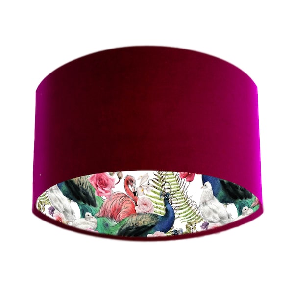 Red Claret Velvet Lampshade with Birds Peacock Feathers  and Flamingo Lining