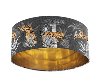 Grey Velvet Lamp Shade in Vintage Savanna Leopard Print - Gold Lined Lampshade