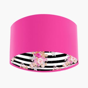 Hot Pink Velvet Lampshade with flowers and stripy inner, glamorous lampshade