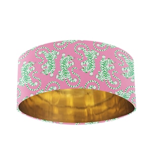 Tiger Roar Velvet Lampshade in Candy Pink and Green with Gold Lining, Extra Large Pink Lampshade from AdoroDecorDotCom