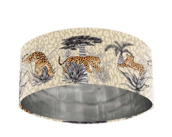 Extra Large Lamp Shade - Velvet Lampshade in Vintage Savanna Velvet with Silver Lining and Sandy Leopard Print