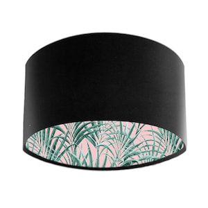 Black Velvet Lamp Shade with Palms Delight Lining, Custom Lamp Shade