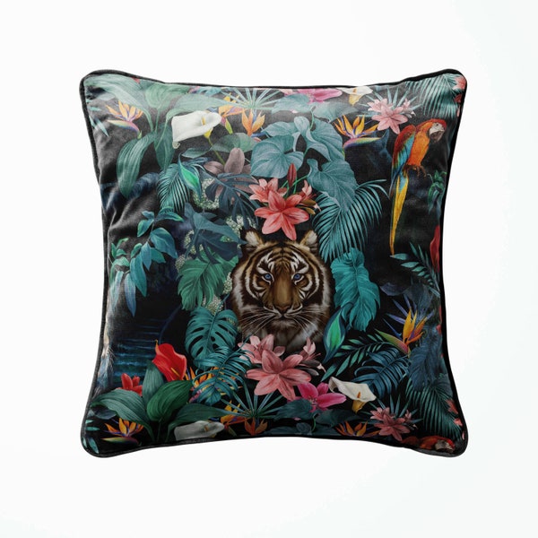 Junglesque Velvet Cushion with Piping