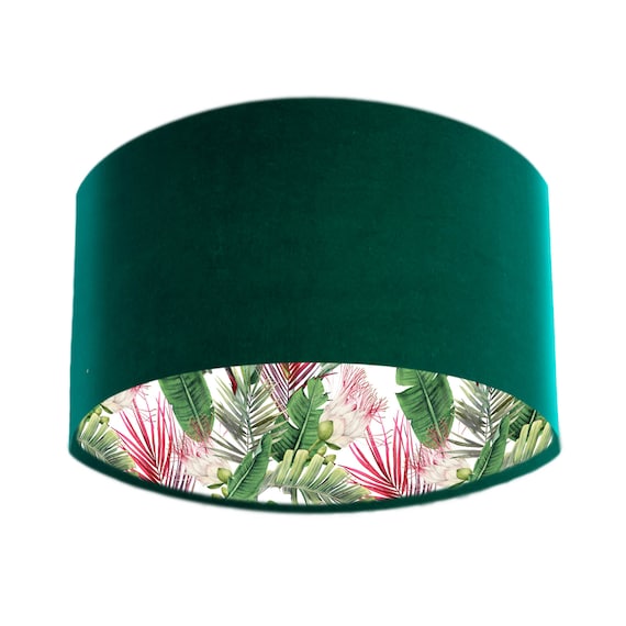 Bottle Green Velvet Lampshade With Botanical Protea Fabric Lining