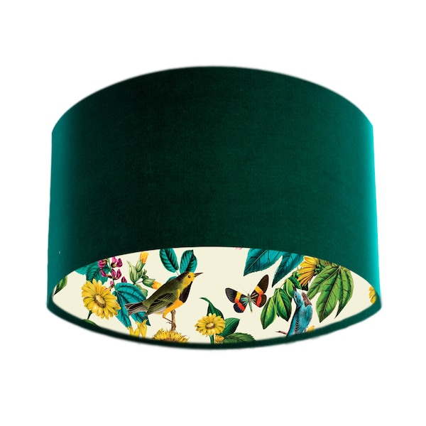 Birds Lampshade made with Bottle Green Velvet and Sunflower Fabric Lining, Sunflower Lampshade, Pendant Light Shades, Velvet Light Shade