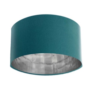 Silver Lampshade in Teal Blue Velvet, Drum Lamp Shade Handmade in the UK by AdoroDecorDotCom
