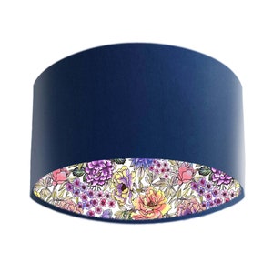 Summer Wildflowers Lamp Shade in Navy Blue Velvet, Colourful Lampshade, Navy Drum Lamp Shade