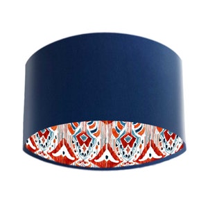 Navy Blue Velvet Lampshade with Red Ikat Fabric Lining, Red Ikat Lampshades for Boho Décor