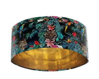 Extra Large Teal Blue Velvet Lampshade with Tropical Jungle Tigers & Mirror Gold Lining, Lamp Shades Ceiling, Lamp Shades for Floor Lamps