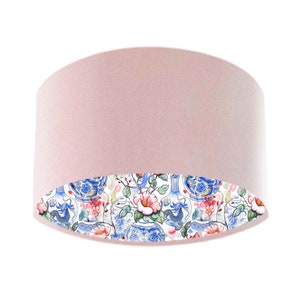 Baby Pink Velvet Lampshade with Oriental Lining, Patterned lampshade with Antique Chinese Vases