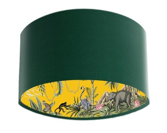 Green Velvet Lampshade with Mustard Yellow Lemur Island Lining, Tropical Quirky Lampshade
