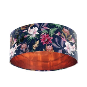 Navy Blue Velvet Lamp Shade with Luxury Blossoms & Copper Lining, Extra Large Lamp Shade, AdoroDecorDotCom