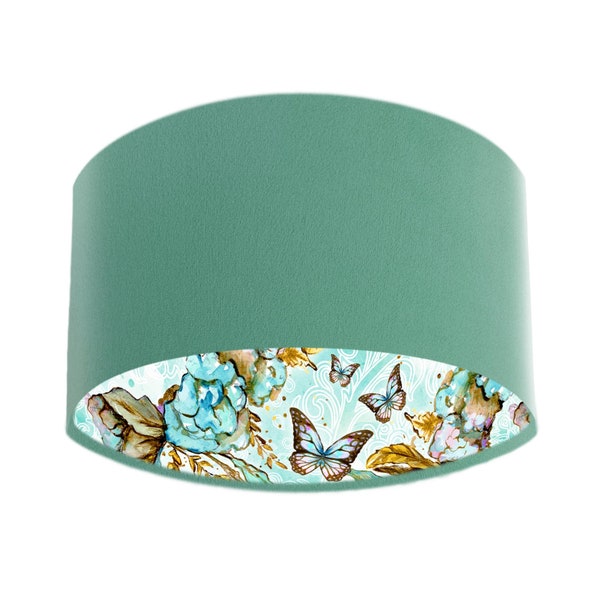 Boho Mint Green Fabric Lampshade with Butterflies and Floral Liner